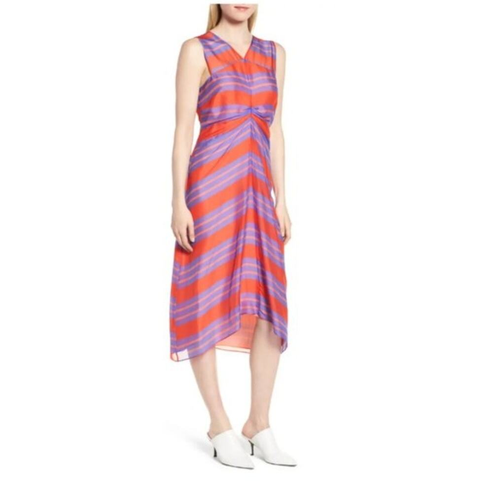 Lewit Women's Silk Georgette Striped Orange Purple Sleeveless Midi Dress Size 14